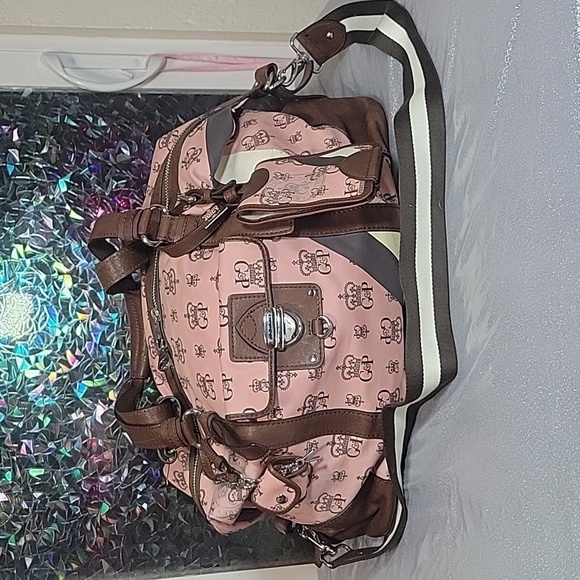 Y2K Vintage Juicy Couture Pink Monogram Brown Leather Duffle Bag Train Case Set - Picture 2 of 16